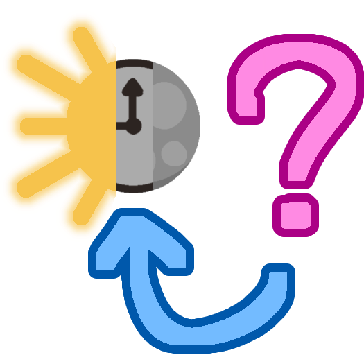 A pink question mark with a blue arrow pointing to a combination of the sun, a clock, and the moon.